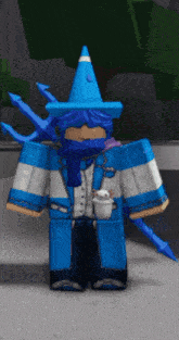 a cartoon character wearing a blue and white outfit and a wizard hat
