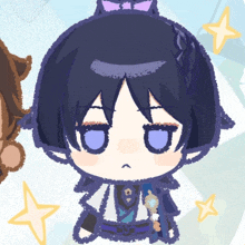 a cartoon drawing of a girl with a purple bow in her hair