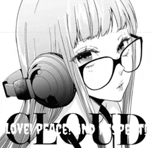 a black and white drawing of a girl wearing headphones and glasses with the words love peace no party below her