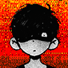 a pixel art drawing of a boy with black hair and a red background .