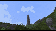 a minecraft scene with a tower and a blue sky