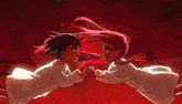 a cartoon of two girls holding hands in a red background