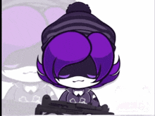 a cartoon character with purple hair and a black hat holding a gun