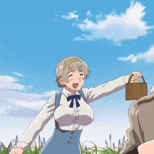 a woman in a white shirt and blue skirt is holding a basket and smiling