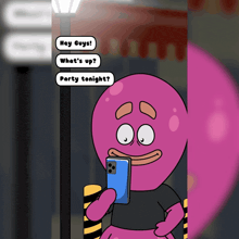 a cartoon character is looking at his phone and says " hey guys "