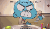 gumball from the amazing world of gumball is brushing his teeth in the bathroom