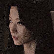 a close up of a woman 's face with long hair and a dark background .