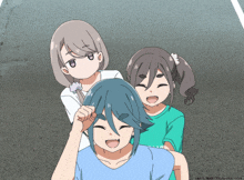 three anime girls are standing next to each other and one of them is wearing a blue shirt