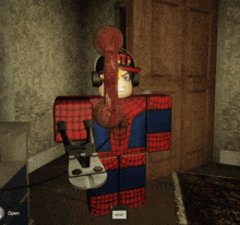 a spider-man holding a telephone in a room with a sign that says abcdef