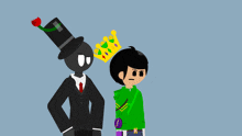 a cartoon character with a crown on his head stands next to another character with a knife