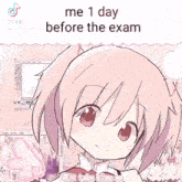 a cartoon of a girl with a bow and the words me 8 seconds before the exam