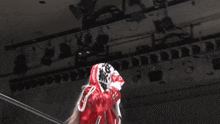 a woman in a red jacket is standing in a wrestling ring with her arms outstretched .