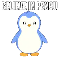 a blue and white penguin with the words " believe in penguin " below it