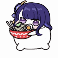 a cartoon of a girl with purple hair eating noodles from a bowl .
