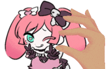 a hand is touching a drawing of a girl with pink hair and green eyes
