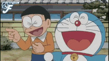doraemon and nobita are standing next to each other and laughing