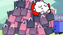 a cartoon character is sleeping on top of a pile of shopping bags .
