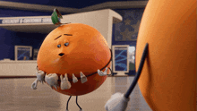 a cartoon orange with braces on its teeth is standing in front of a check out counter