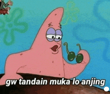 patrick star from spongebob squarepants is holding a cherry in his hand and says gw tandain muka lo anjing .
