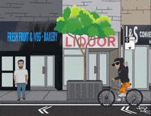 a cartoon drawing of a man riding a bike in front of a liquor store