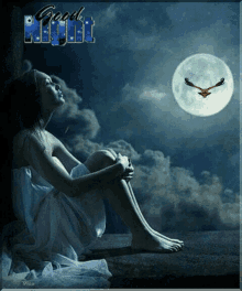 a picture of a woman sitting in front of a full moon with the words good night written above her