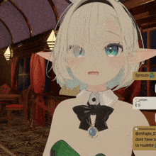 a girl with white hair and blue eyes is talking to someone named sprouts