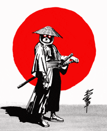 a black and white drawing of a samurai with a red sun in the background