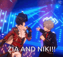 a couple of anime characters standing next to each other on a stage with the words " zia and niki " on the bottom