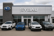 several subaru cars are parked in front of the sybau dealership
