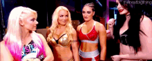 a group of female wrestlers are standing next to each other and talking to each other .