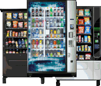 three vending machines are lined up with snacks including lays chips