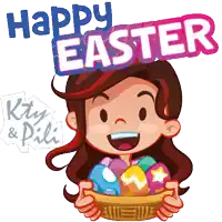 a girl is holding a basket full of easter eggs and the words happy easter are above her