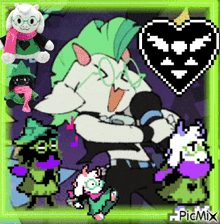a pixel art of a sheep holding a microphone with a heart in the background