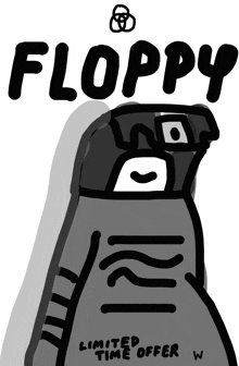 a black and white drawing of a person with floppy written on it