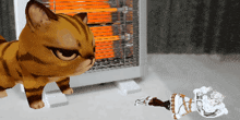 a cartoon cat is standing next to a heater and looking at another cat