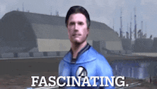 a man in a blue shirt is standing in front of a building with the words fascinating on it