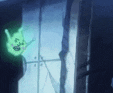 a glowing green monster is standing in a dark room .