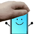 a hand is holding a cell phone with arms and a smiling face on it .