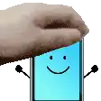 a hand is holding a cell phone with arms and a smiling face on it .