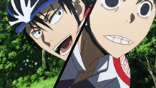 a cartoon drawing of a man wearing a helmet and another man wearing a white shirt