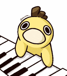 a drawing of a yellow chicken sitting on a piano keyboard