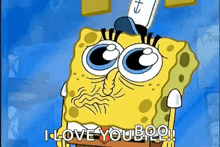 spongebob squarepants is wearing a sailor hat and saying `` i love you bro '' .