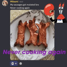 a plate of sausages with the words never cooking again below it