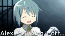 a girl with blue hair is smiling with the words alexa brushing it off below her