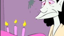 a cartoon of a vampire blowing out candles on a pink birthday cake .
