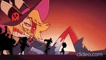 a group of cartoon characters are standing in front of a giant cartoon character with a skull on his hat .