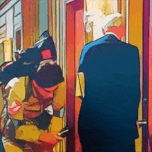 a man in a suit is standing next to a fireman wearing a helmet