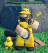 a cartoon character is holding a guitar next to a yellow duck