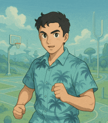 a cartoon of a man in a blue shirt with palm trees on it