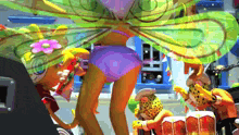 a woman in a purple bikini is dancing in front of a group of people wearing cheetah costumes .